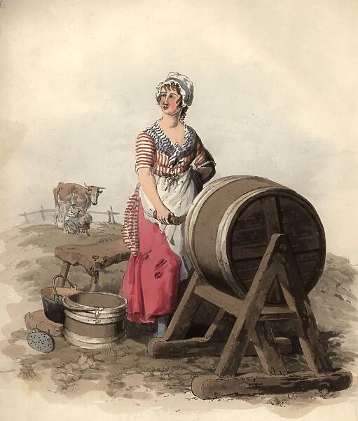 Milkmaids. January 1805: One young milkmaid churns butter whilst another
