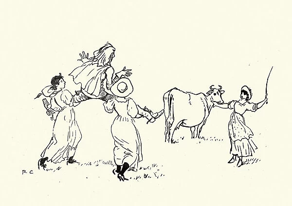 The milkmaids carrying to squire to the cow
