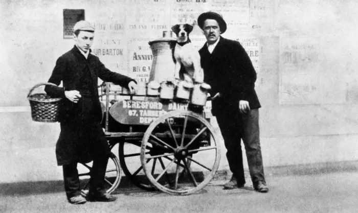 Framed Print : Milkman. 9th February 1889: Milkman with his float, dog and boy Framed Print : Milkman. 9th February 1889: Milkman with his float, dog and boy