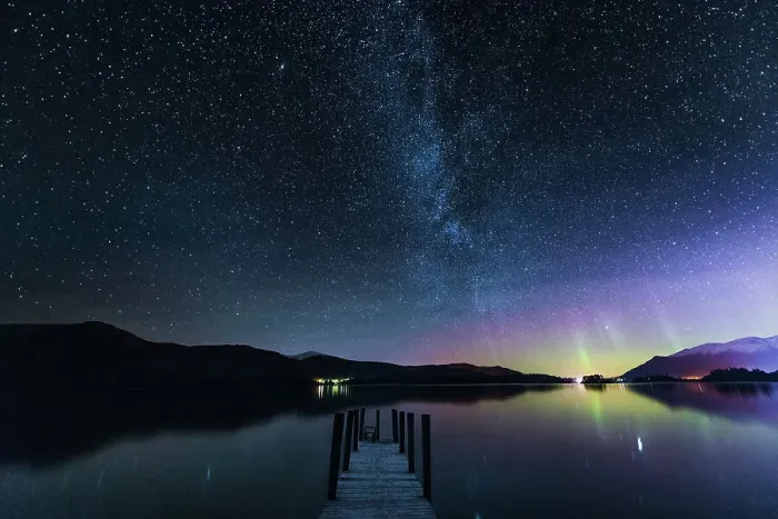 Framed Print : The Milky Way and Aurora Borealis from a jetty over Derwent water. English Lake District. UK Framed Print : The Milky Way and Aurora Borealis from a jetty over Derwent water. English Lake District. UK