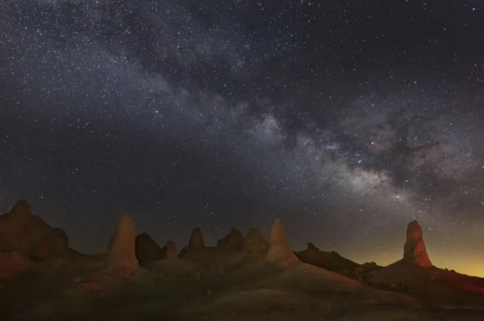 Framed Print : Milky Way and tufa towers of Trona Pinnacles at night, Mojave Desert, California, USA