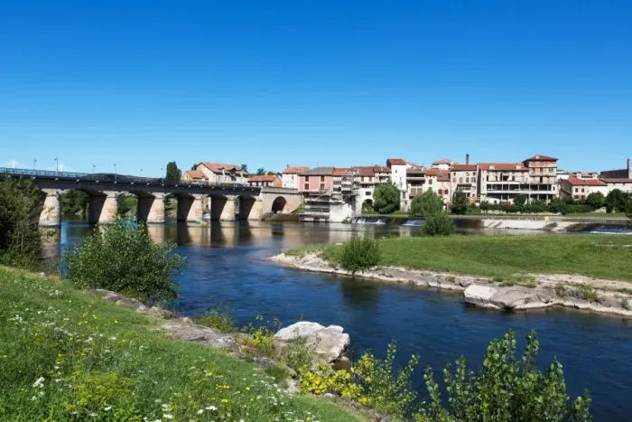 Framed Print : Millau / France old town at Tarn River - Historic bridge and the Millau Viaduct (for what this city is mostly known) in background Framed Print : Millau / France old town at Tarn River - Historic bridge and the Millau Viaduct (for what this city is mostly known) in background
