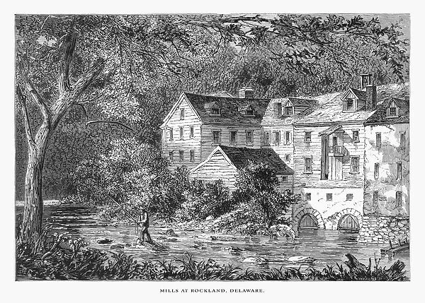Mills at Rockland, Brandywine River, Rockland, Delaware, United States, American Victorian Engraving, 1872