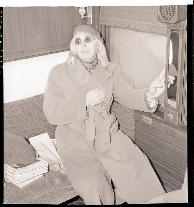 Framed Print : Milton Berle in Drag in Train Compartment Framed Print : Milton Berle in Drag in Train Compartment