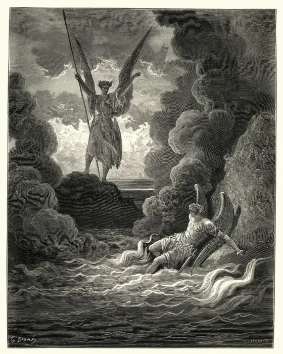 Framed Print : Miltons Paradise Lost - Gustave Dore - His mighty stature Framed Print : Miltons Paradise Lost - Gustave Dore - His mighty stature