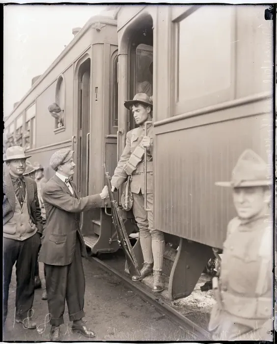 Framed Print : Miner Greets 5Th Cavalryman on Train Framed Print : Miner Greets 5Th Cavalryman on Train