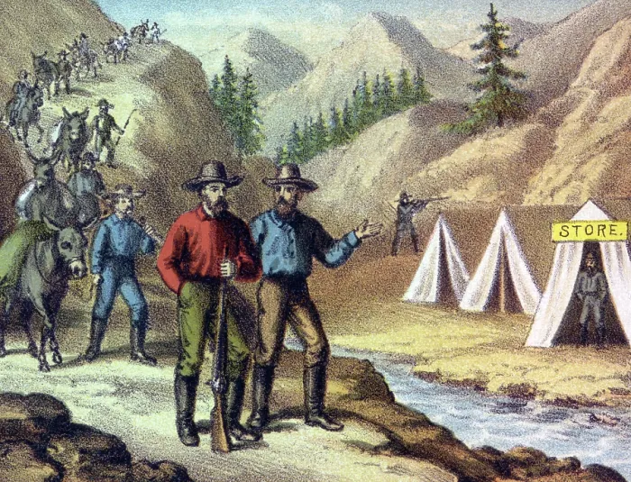 Framed Print : Miners arrive at a tent city Framed Print : Miners arrive at a tent city