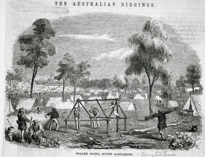 Framed Print : Miners Constructing Tent Frame Framed Print : Miners Constructing Tent Frame