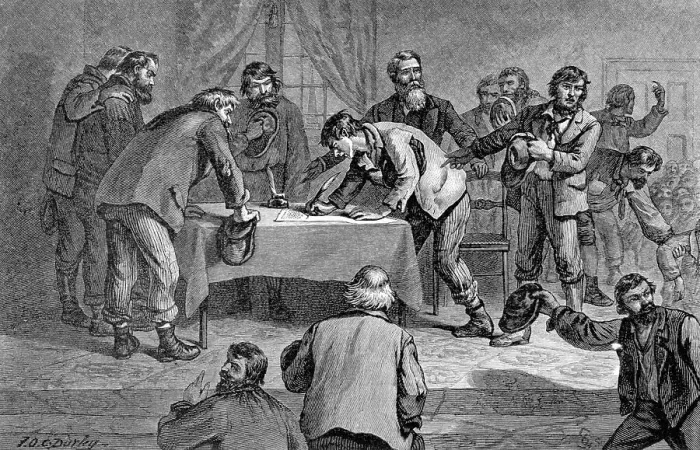 Framed Print : Miners Signing Petition To Ban Liquor