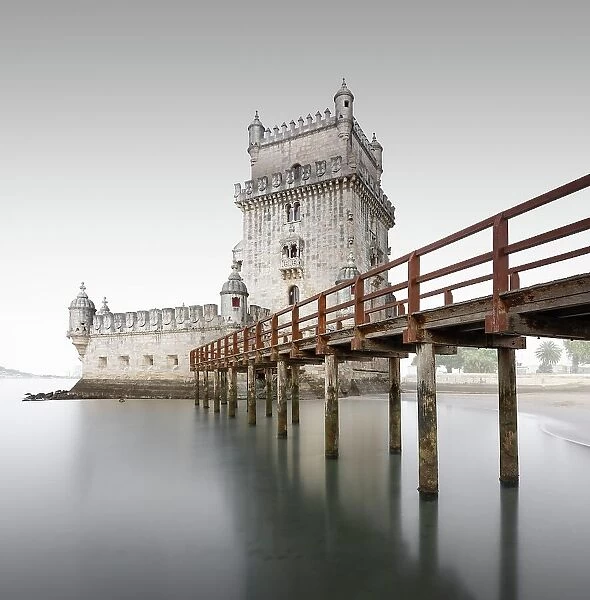 Minimalist long exposure in the square of the Torre de Belem on the river Tejo in Lisbon, Portugal
