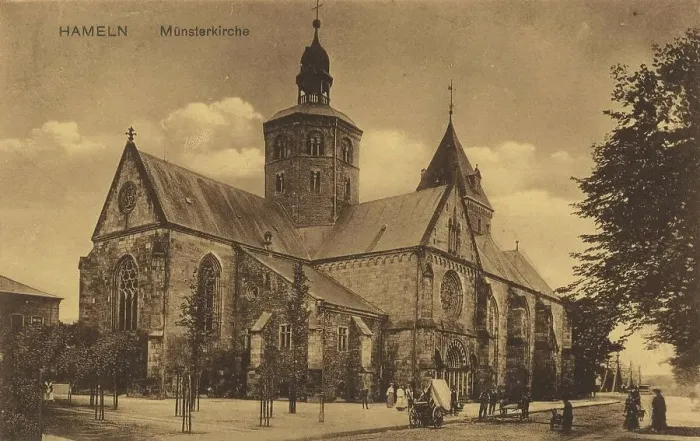 Framed Print : Minster church in Hameln, Lower Saxony, Germany, postcard with text, view around ca 1910, historical, digital reproduction of a historical postcard, public domain, from that time, exact date unknown Framed Print : Minster church in Hameln, Lower Saxony, Germany, postcard with text, view around ca 1910, historical, digital reproduction of a historical postcard, public domain, from that time, exact date unknown