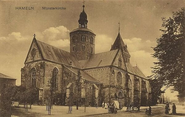 Minster church in Hameln, Lower Saxony, Germany, postcard with text, view around ca 1910, historical, digital reproduction of a historical postcard, public domain, from that time, exact date unknown