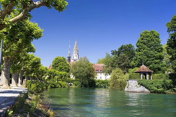 Minster of Our Lady with Lake Constance in the front and the Pavilion of Dominicans Island, Konstanz, Baden-Wuerttemberg, Germany