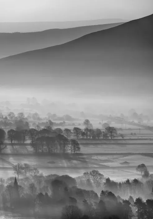 Framed Print : Misty Edale vally in black and white, English Peak District. UK Framed Print : Misty Edale vally in black and white, English Peak District. UK