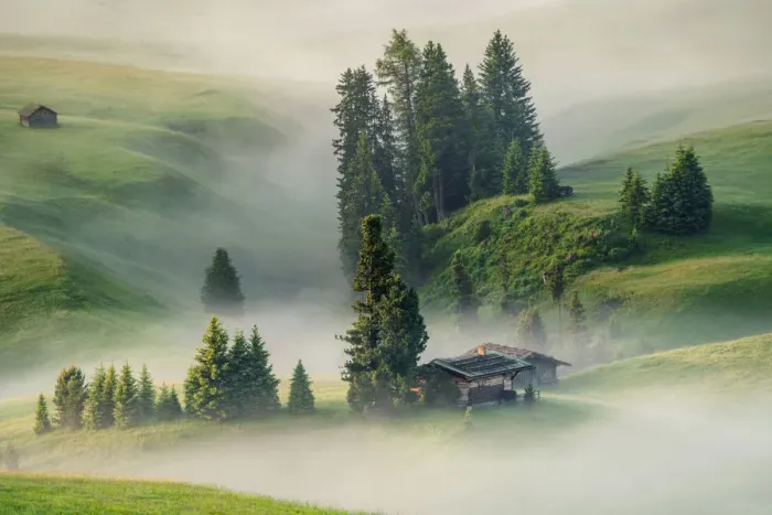 Framed Print : Misty landscape view in Alpe di Siusi or Seiser Alm at beautiful sunrise Framed Print : Misty landscape view in Alpe di Siusi or Seiser Alm at beautiful sunrise