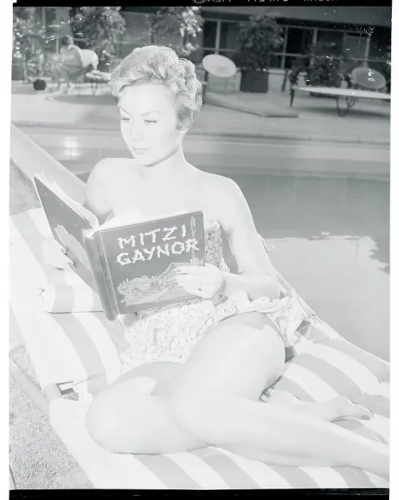 Framed Print : Mitzi Gaynor Reading Script at Poolside Framed Print : Mitzi Gaynor Reading Script at Poolside