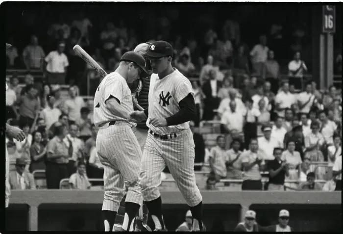 Framed Print : M.Mantle Greets R.Maris At Home Plate