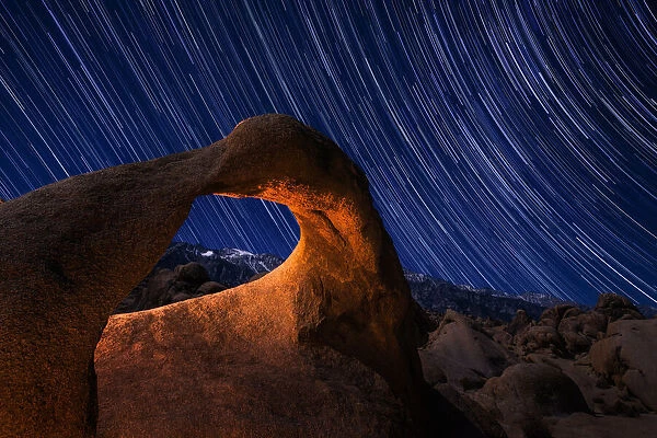 Mobius Arch with star trail in Sierra Nevada mountains