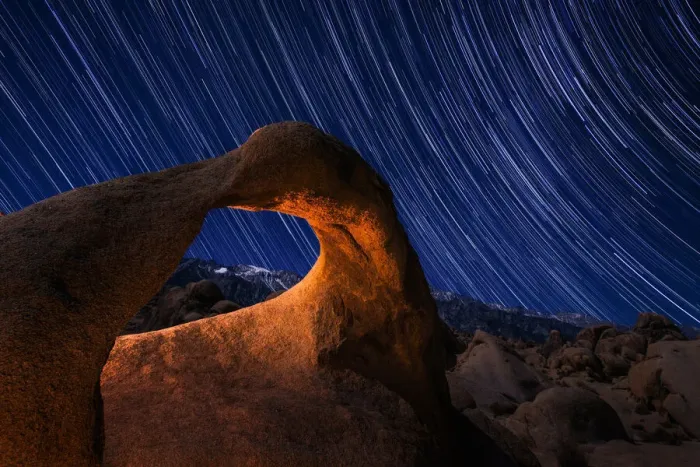 Framed Print : Mobius Arch with star trail in Sierra Nevada mountains Framed Print : Mobius Arch with star trail in Sierra Nevada mountains