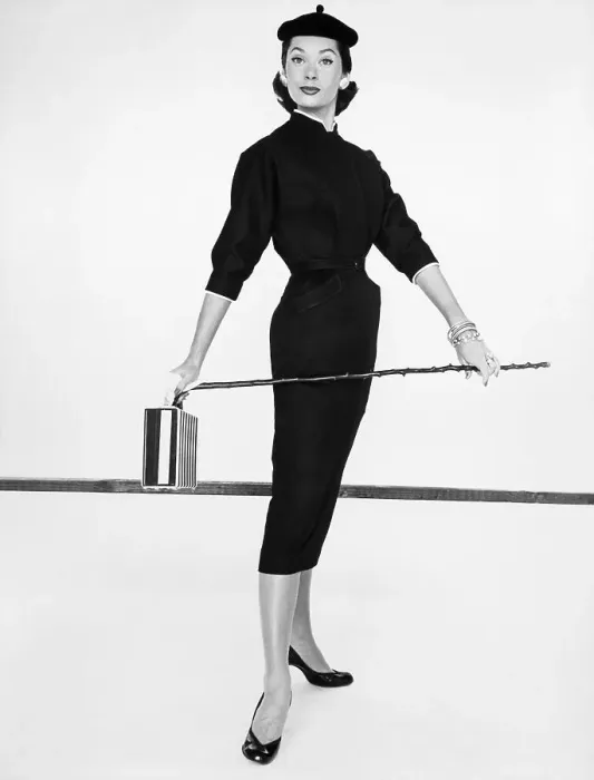 Framed Print : Model In Black Dress; Handbag, Cane Framed Print : Model In Black Dress; Handbag, Cane