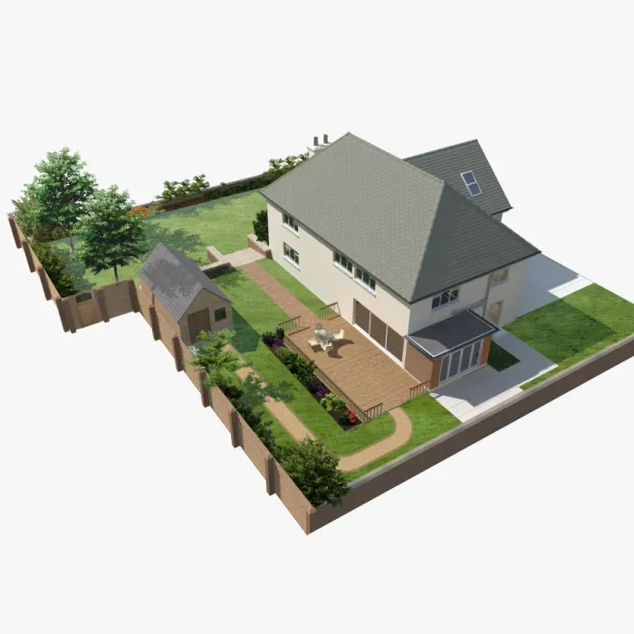 Framed Print : Model of a house with patio, garden and garden shed