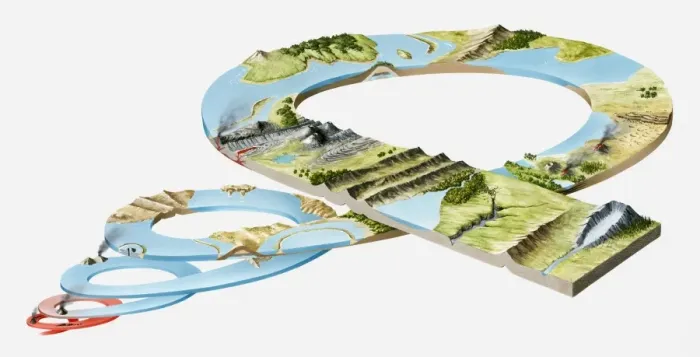 Framed Print : Model of landform evolution in the prehistoric era, including Quaternary, Tertiary, Cretaceous, Jurassic, Triassic, Permian, Carboniferous, Devonian, Silurian, Ordovician, Precambrian periods Framed Print : Model of landform evolution in the prehistoric era, including Quaternary, Tertiary, Cretaceous, Jurassic, Triassic, Permian, Carboniferous, Devonian, Silurian, Ordovician, Precambrian periods