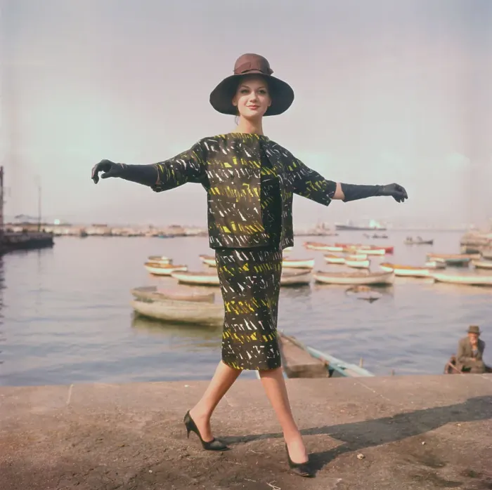 Framed Print : Model Posing in Abstract Print Ensemble with Hat and Gloves Framed Print : Model Posing in Abstract Print Ensemble with Hat and Gloves