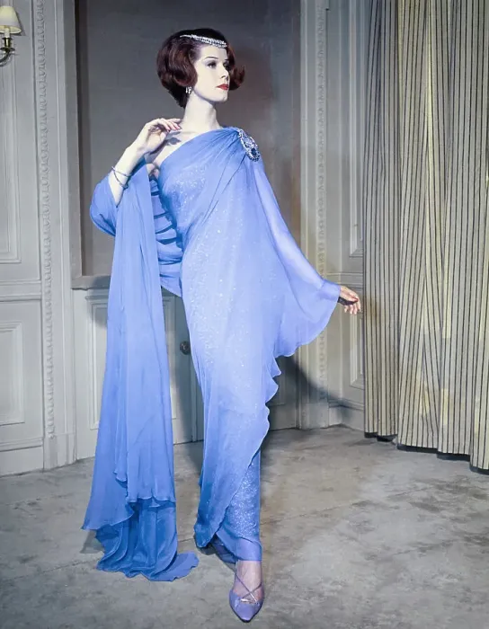 Framed Print : Model Posing in Athenian Style Blue Chiffon Gown Framed Print : Model Posing in Athenian Style Blue Chiffon Gown