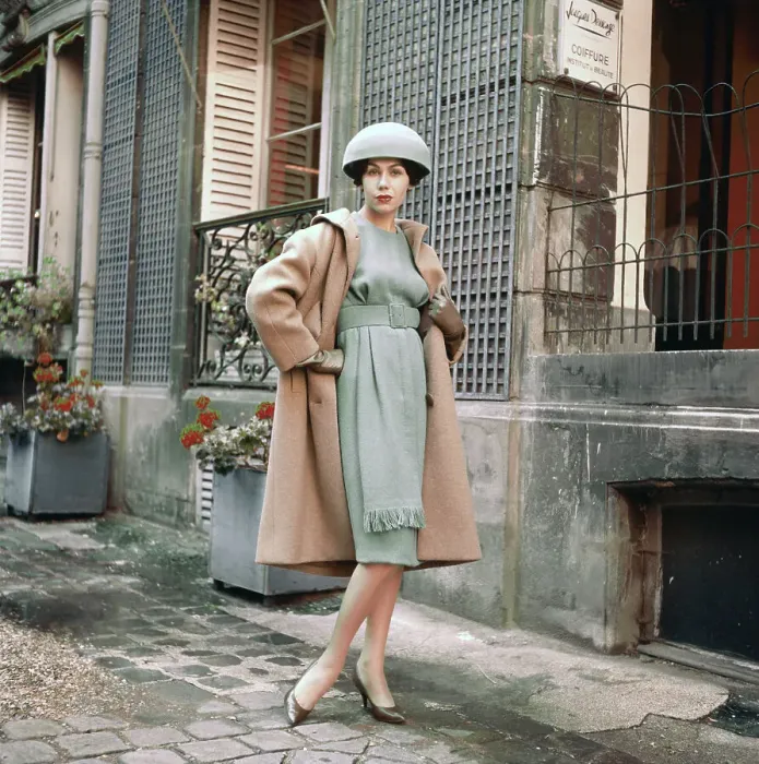 Framed Print : Model Posing in Dress and Wool Coat Framed Print : Model Posing in Dress and Wool Coat
