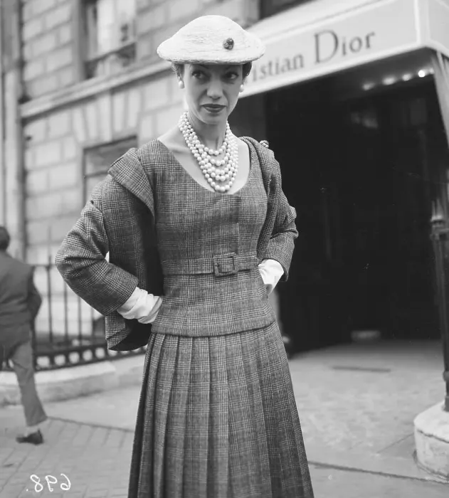Framed Print : Model Posing In Plaid Dior Suit