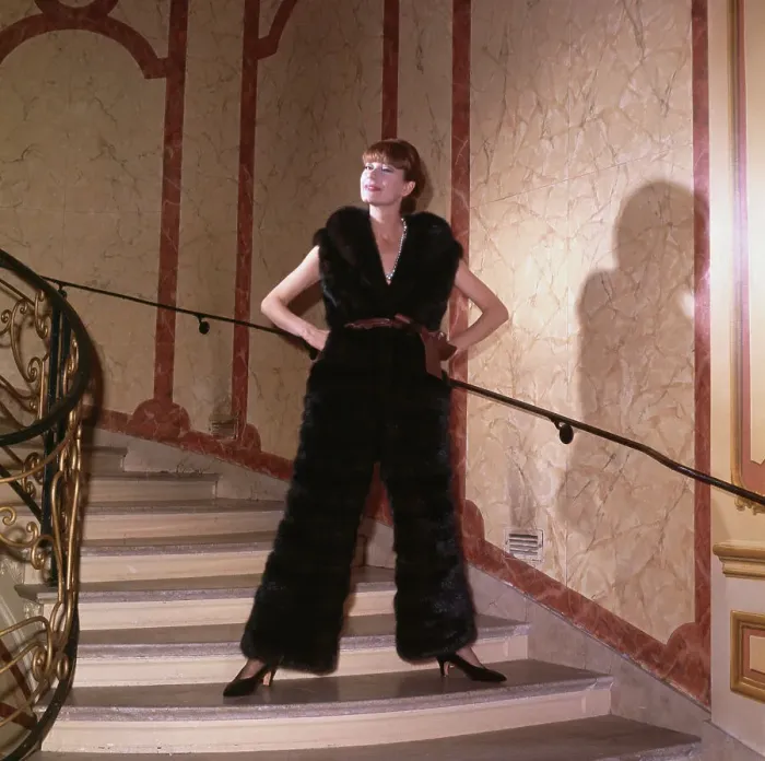 Framed Print : Model Wearing Fur Jump Suit by James Galanos Framed Print : Model Wearing Fur Jump Suit by James Galanos