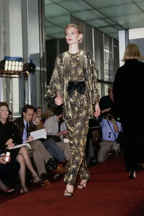 Framed Print : Model Wearing Gold Beaded Jumpsuit Framed Print : Model Wearing Gold Beaded Jumpsuit