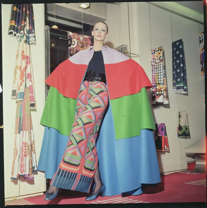Framed Print : Model Wearing Muli-Colored Wool Cape
