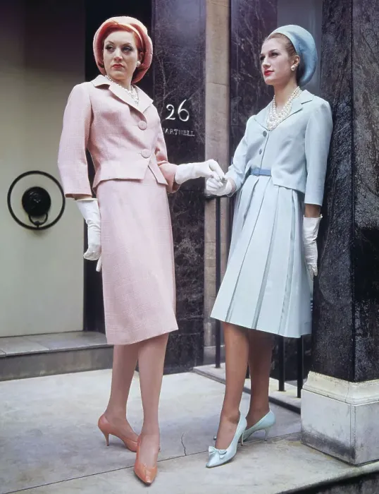 Framed Print : Models Posing in Pink and Blue Wool Suits Framed Print : Models Posing in Pink and Blue Wool Suits
