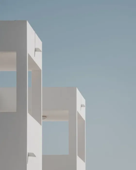 Framed Print : Modern Minimalism Architecture, buildings details with blue sky and white walls Framed Print : Modern Minimalism Architecture, buildings details with blue sky and white walls