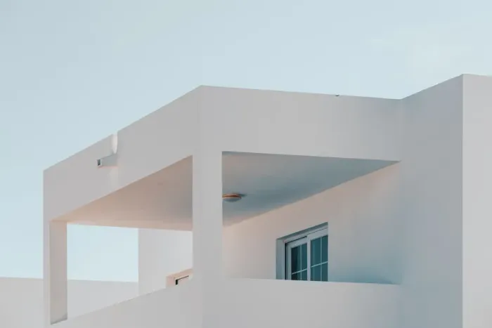 Framed Print : Modern Minimalism Architecture, buildings details with blue sky and white walls Framed Print : Modern Minimalism Architecture, buildings details with blue sky and white walls