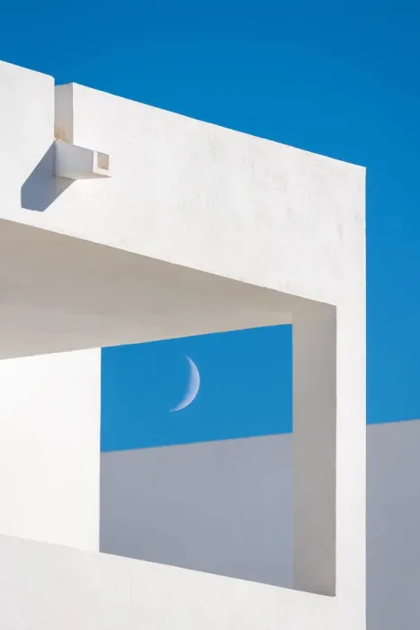 Framed Print : Modern Minimalist Architecture, buildings details with blue sky and half moon