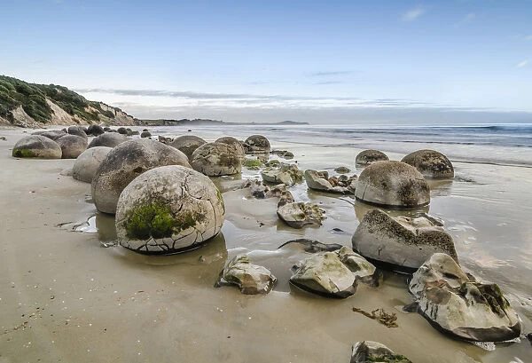 Moeraki Boulders, geological feature, round rock balls, some fragments lying broken in ruins on the beach, Coastal Otago, Moeraki, South Island, New Zealand, Oceania