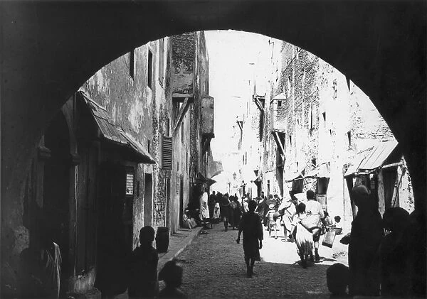 Mogador. circa 1910: A street in the Mellah, or Jewish quarter of Mogador 