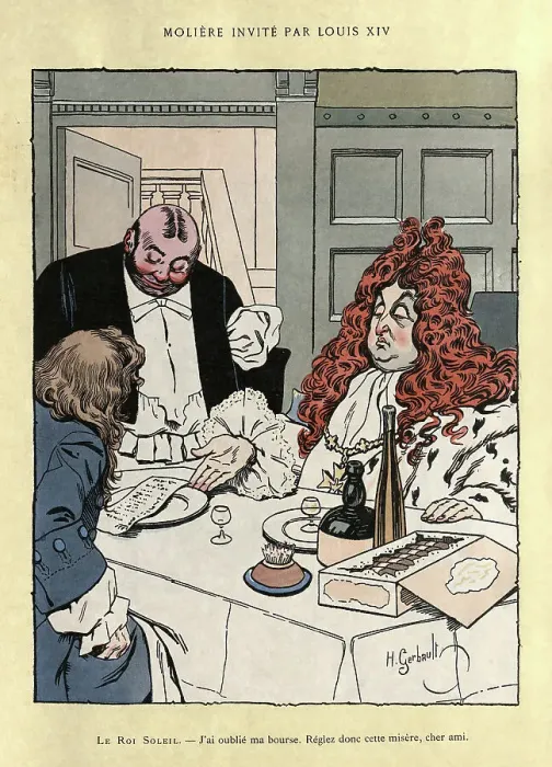 Framed Print : Moliere invited to lunch by Louis XIV, Vintage French cartoon Framed Print : Moliere invited to lunch by Louis XIV, Vintage French cartoon