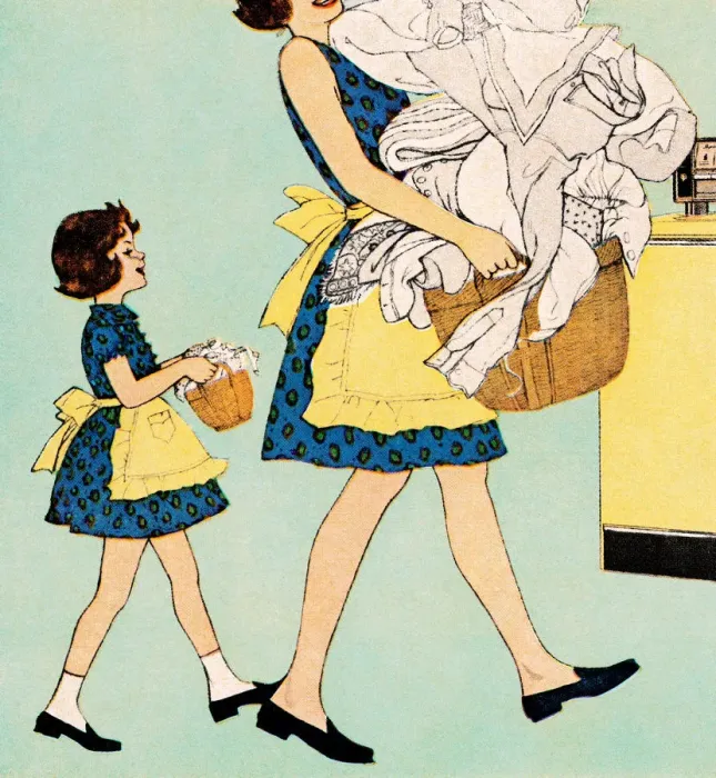 Framed Print : Mom and Mini-Me Daughter Doing Laundry Framed Print : Mom and Mini-Me Daughter Doing Laundry