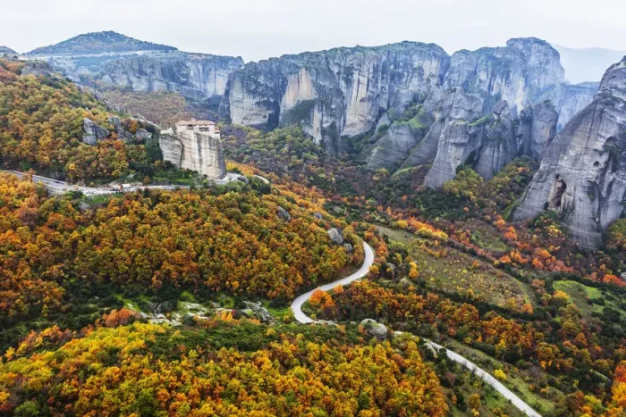 Framed Print : Monastery perched on a cliff with autumn coloured foliage Framed Print : Monastery perched on a cliff with autumn coloured foliage