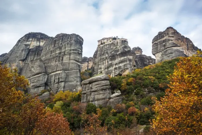 Framed Print : Monastery perched on a cliff with autumn foliage Framed Print : Monastery perched on a cliff with autumn foliage