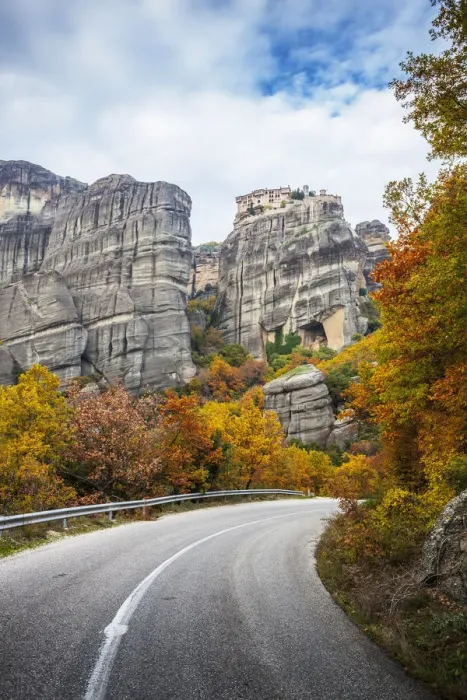 Framed Print : Monastery perched on a cliff, a road and autumn foliage Framed Print : Monastery perched on a cliff, a road and autumn foliage