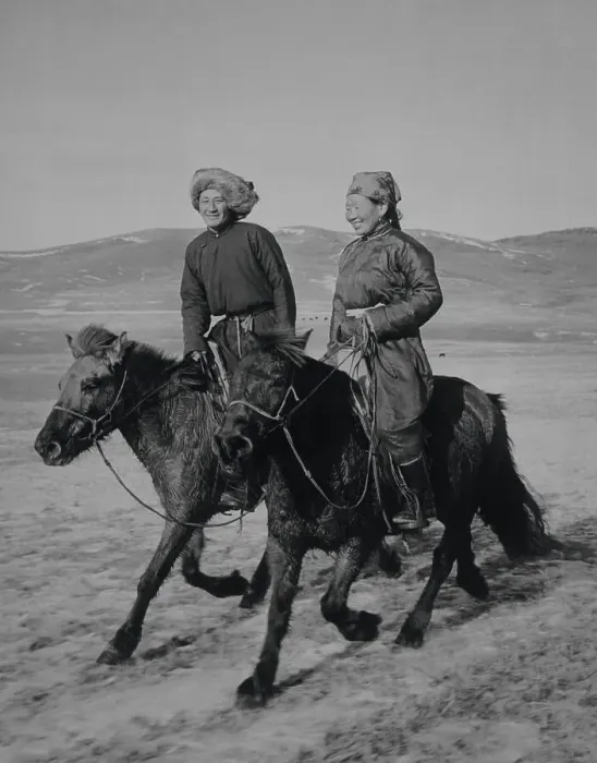 Framed Print : Mongolian Couple Traveling by Horses Framed Print : Mongolian Couple Traveling by Horses