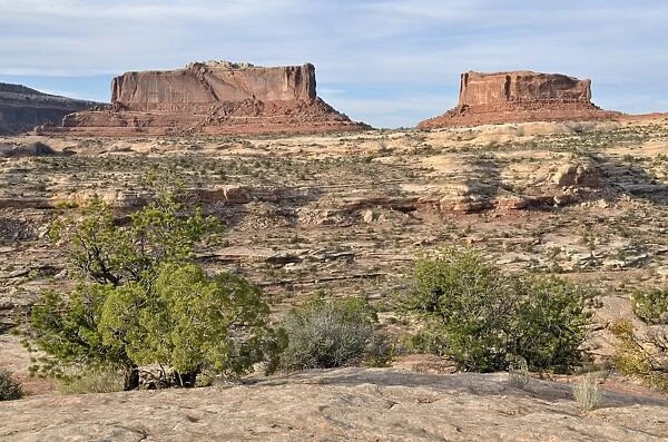 Monitor Butte, left, and Merrimac Butte, right, Canyonlands, Moab, Utah, USA