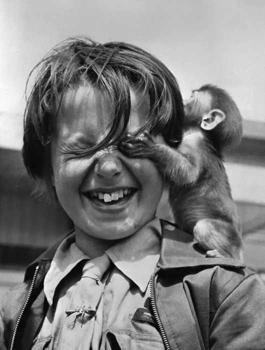 Framed Print : Monkey Sitting on Girl's Shoulder