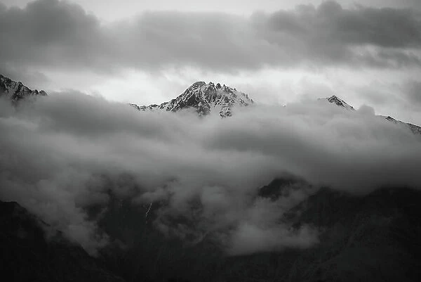 Monochrome Close-up Landscape view of snowcapped-mountain in Nubra Valley, Leh Ladakh, India