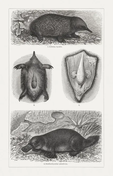 Framed Print : Monotremes: echidna and Platypus, wood engravings, published in 1897 Framed Print : Monotremes: echidna and Platypus, wood engravings, published in 1897