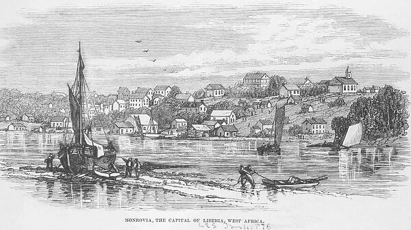 Monrovia. Engraving of boats on river in Monrovia, Liberia, circa 1850